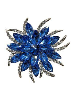Blue White Rhinestone Flower Brooch Pin Silver-Tone Elegant Floral Statement